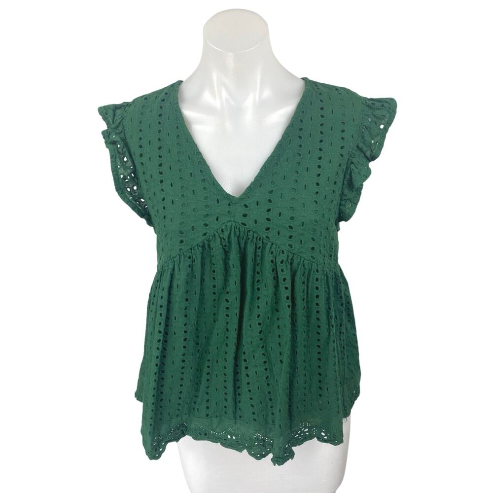 The Impeccable Pig Green Embroidered Eyelet Ruffle Babydoll Blouse Top Size M